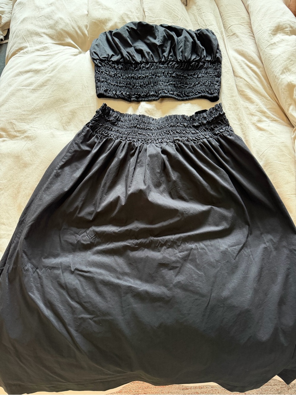 Lulus Black Smocked Matching Set XL Strapless Crop Top & Midi Skirt
